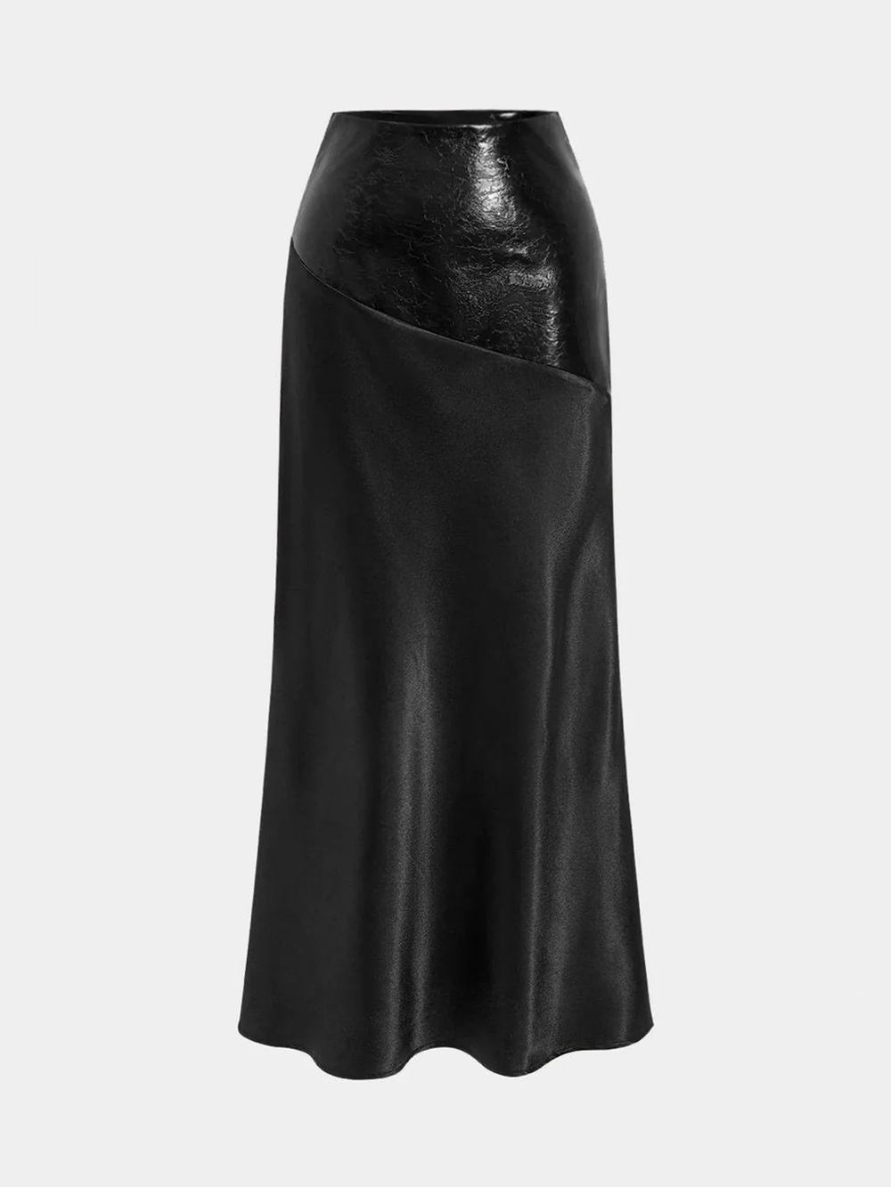 Commense NWOT Faux Leather Panel Asymmetric Satin Maxi Skirt Black XL